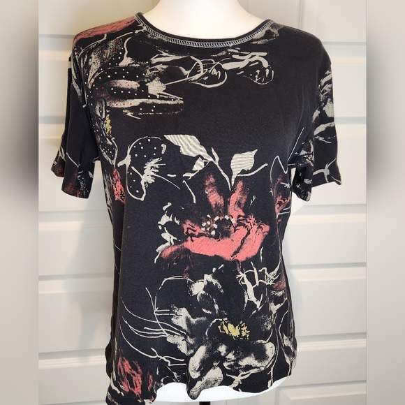 Jess & Jane Embelished Short Sleeve Cotton Blouse Shirt Rhinestone Floral Sz M - Picture 2 of 11